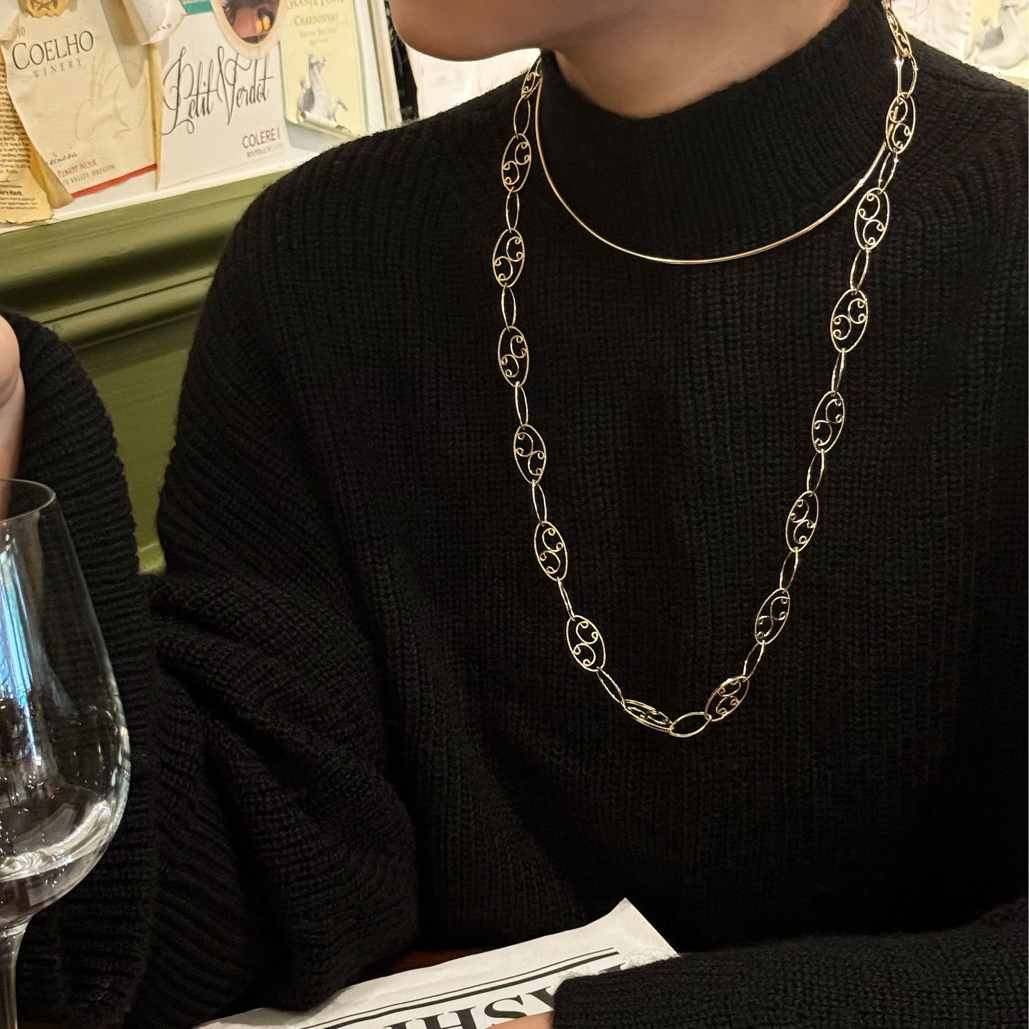 p&n 铜合金项链 法式复古轻奢古典气质设计高级感花丝项圈毛衣链