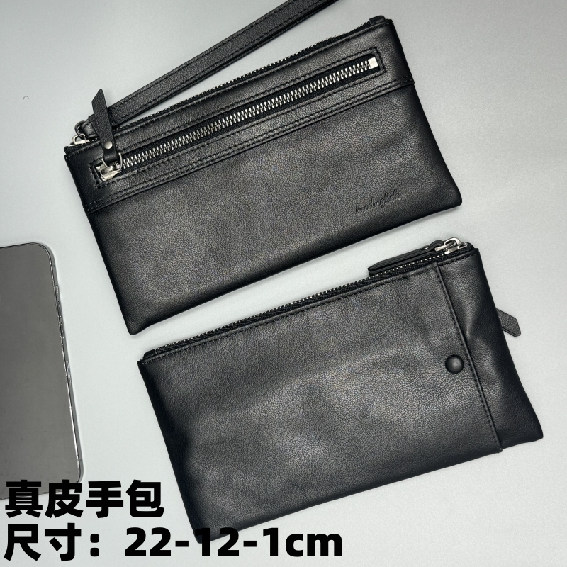 男士真皮休闲多功能手拿包细纹小牛皮百搭小手包简约牛皮拉链钱包