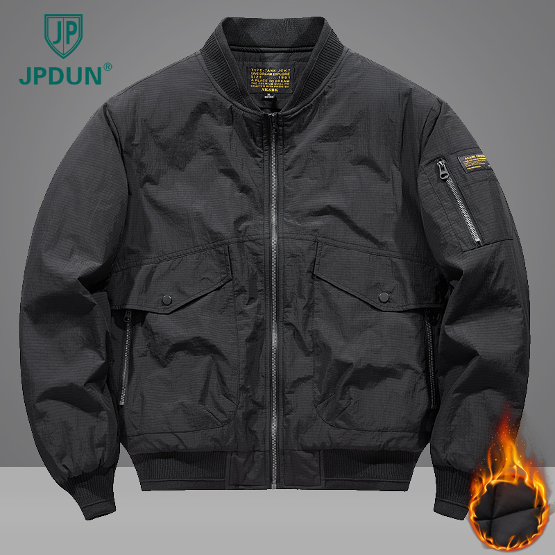 JPDUN男士秋冬美式复古棒球领工装夹克运动休闲加厚保暖棉服外套