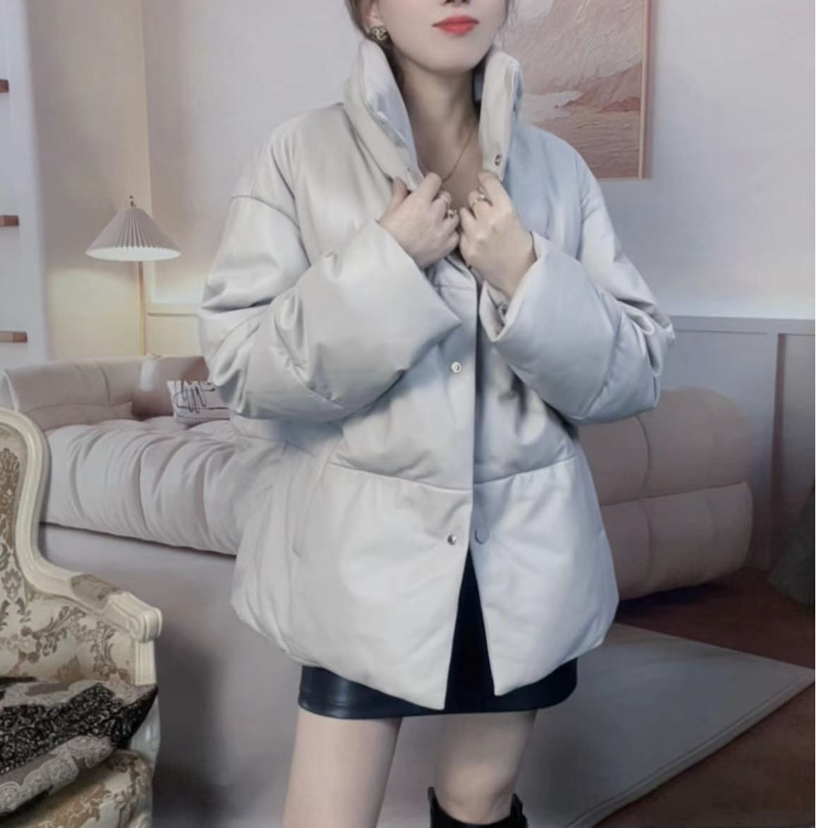 海宁真皮鹅绒头层绵羊皮立翻领宽松时尚百搭保暖秋冬女真皮羽绒服