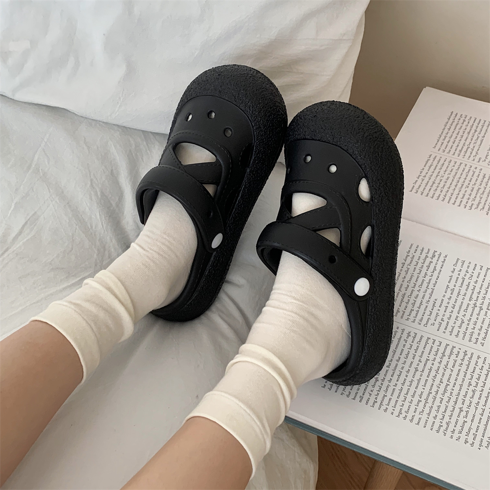细细条 女士纯色交叉带亲子外穿防滑洞洞鞋韩版软底沙滩凉鞋夏