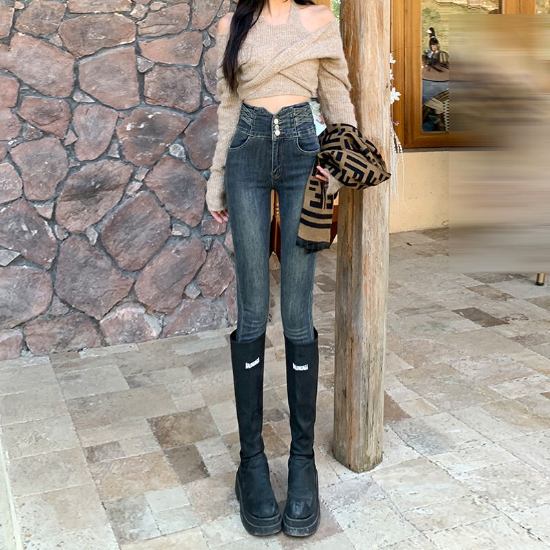 水泥灰加绒牛仔裤女秋冬2025新款高腰修身显瘦复古紧身小脚铅笔裤