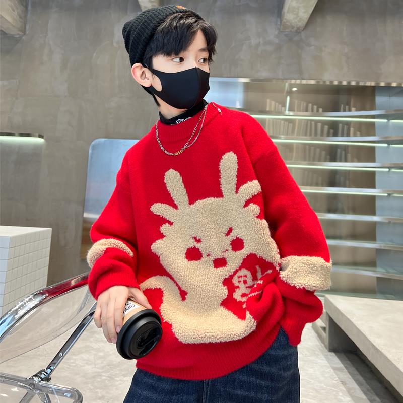 童套装男童加厚毛衣秋冬款2023新款中大童红色本命年冬季打底衫潮
