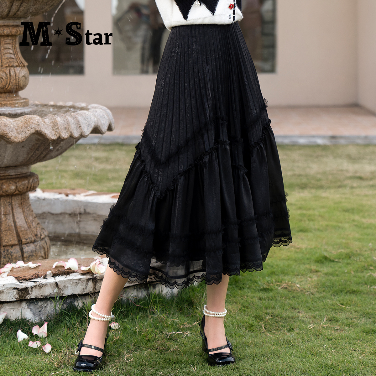 【蜜思仝】M-Star法式百褶蕾丝中长高腰半身裙 SEEQ131504