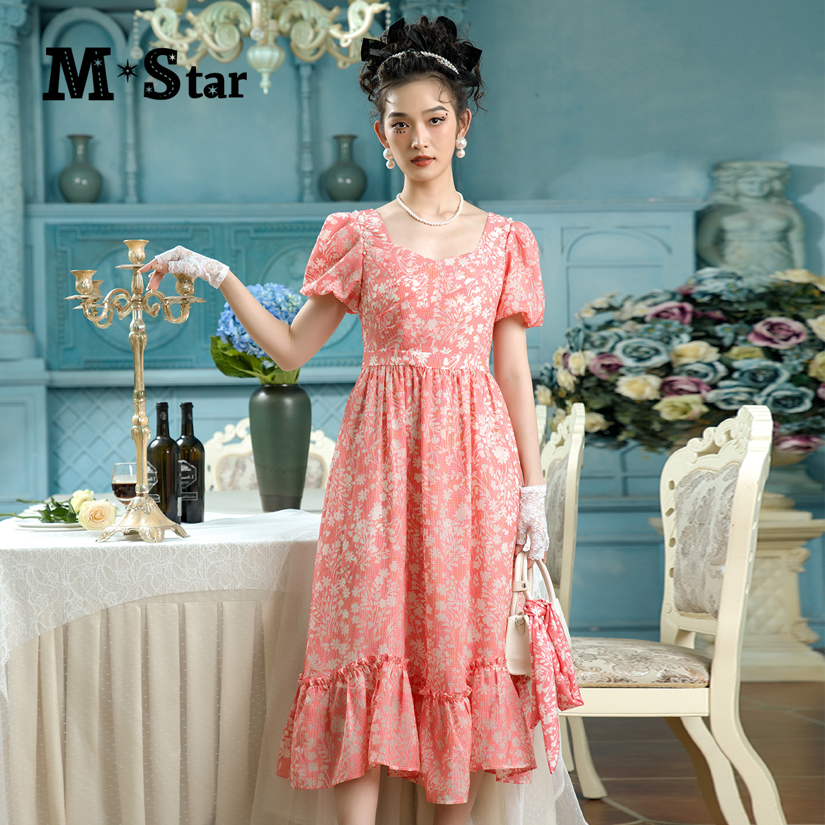【许半夏推荐】M-Star轻薄短袖碎花方领连衣裙SEBL122545