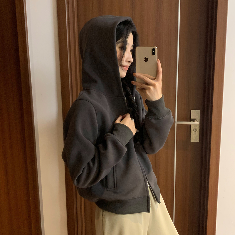 秋冬小个子浅灰纯色拉链开衫连帽卫衣基础百搭运动休闲上衣外套女