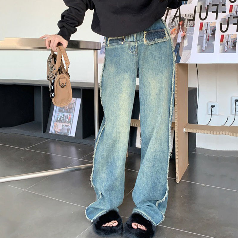 女童裤子秋冬新款2023新款女大童休闲宽松牛仔阔腿裤儿童一体绒裤