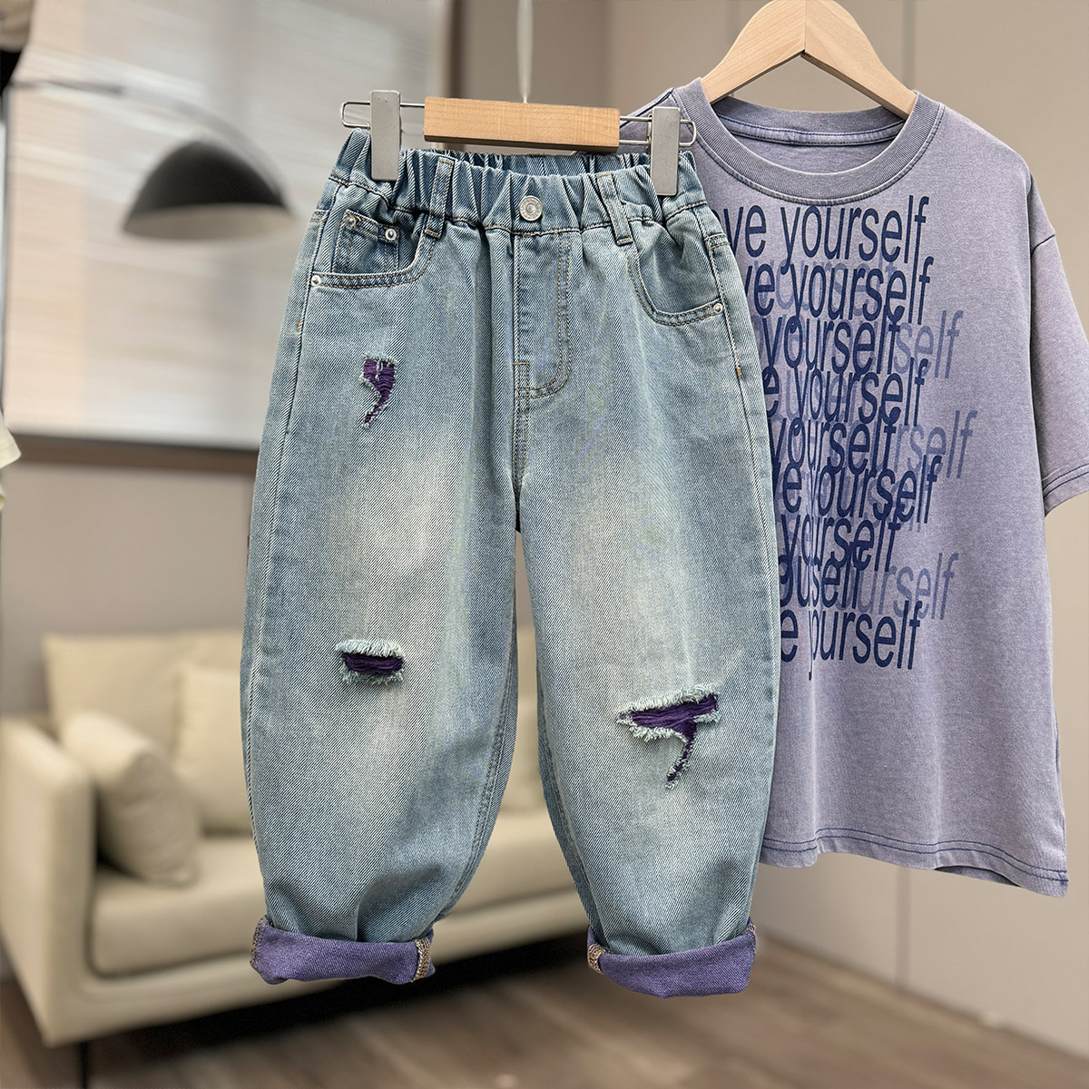 011男童春秋紫色破洞时尚嘻哈中大童韩版牛仔裤