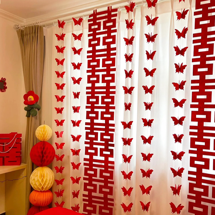 千漫蝴蝶喜字拉花结婚客厅婚房布置婚礼装饰背景墙酒店晨袍拍照