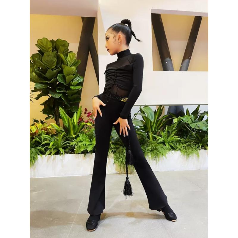 康尼新款女童拉丁舞裤练功服儿童国标摩登舞高腰修身马蹄裤长裤子