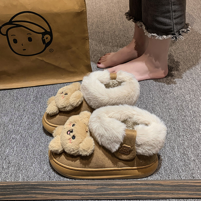 卡通可爱小熊雪地靴女2023冬季新款加绒保暖东北棉靴厚底防滑短靴