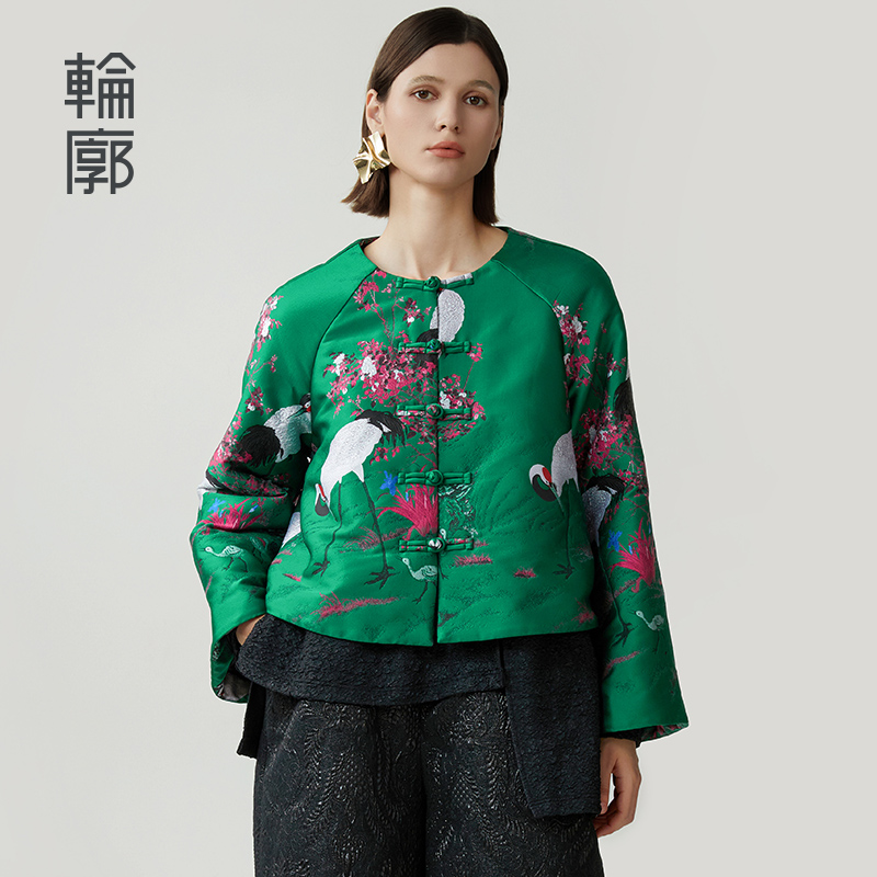 轮廓浮华梅飞鹤舞国风提花棉服原创设计棉袄宽松喇叭袖L244Y002