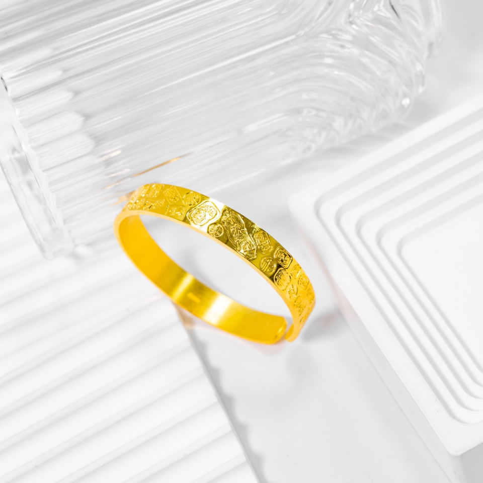 足银手镯 吉言手镯开口37g面宽约10mm简约轻奢金色不掉色精美包黄