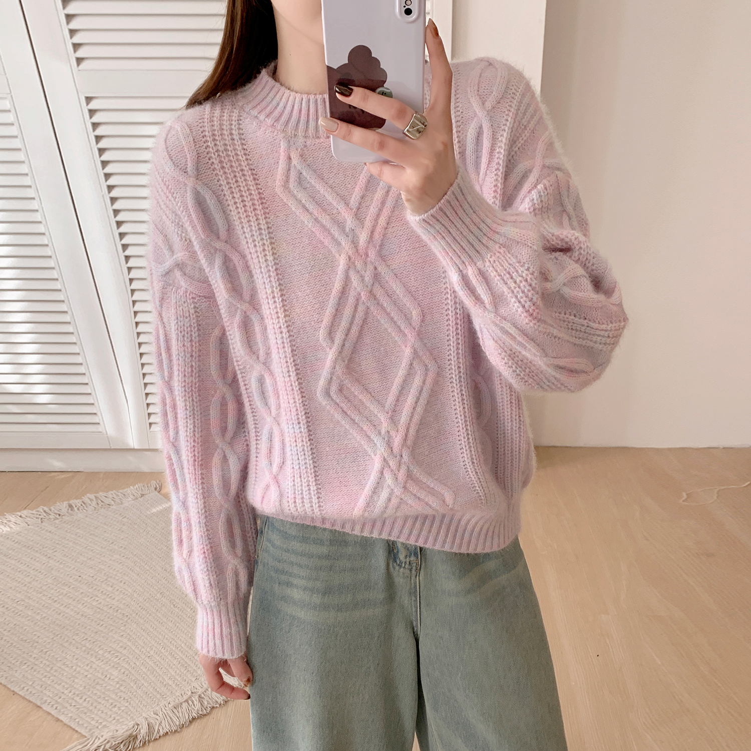 苏醒的乐园立体编织花纹圆领SXMY32867百搭显瘦慵懒风宽松女毛衣