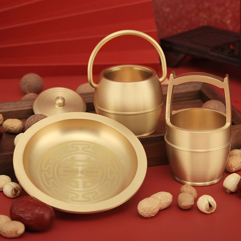 黄铜子孙桶三件套婚庆用品结婚送礼陪嫁家装黄铜婚礼摆件
