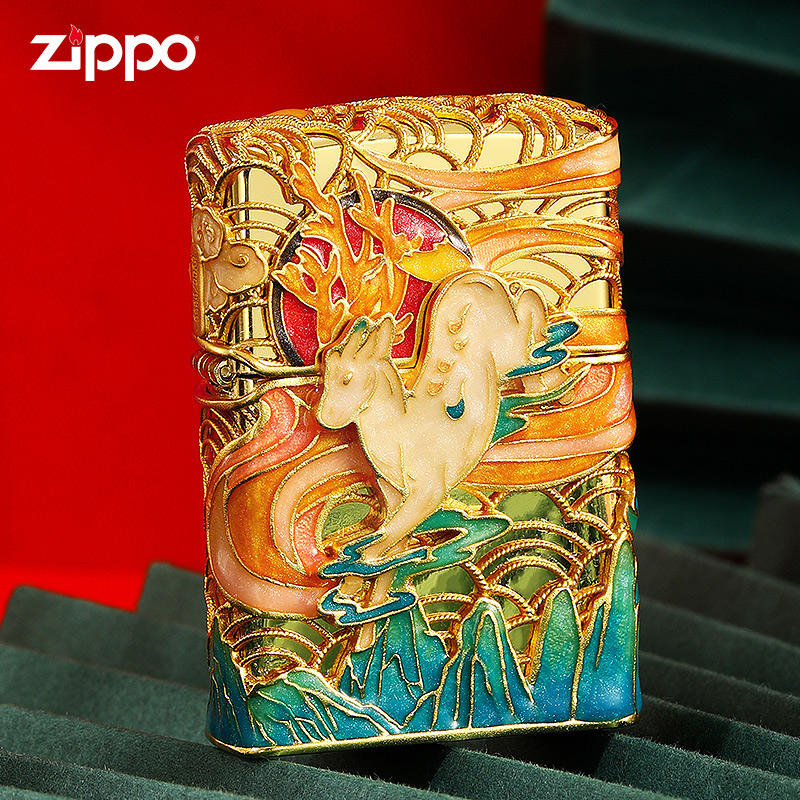 ZIPPO打火机夜光一鹿有你镀金花丝珐琅彩版男士防风国潮TCJ1