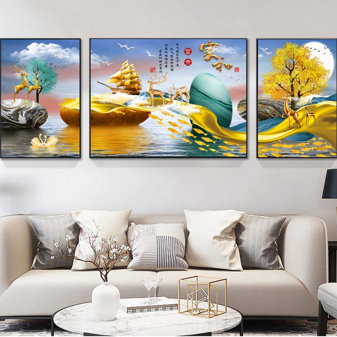 【客厅画】客厅三联沙发背景挂画家和富贵镶钻晶瓷装饰画轻奢简约