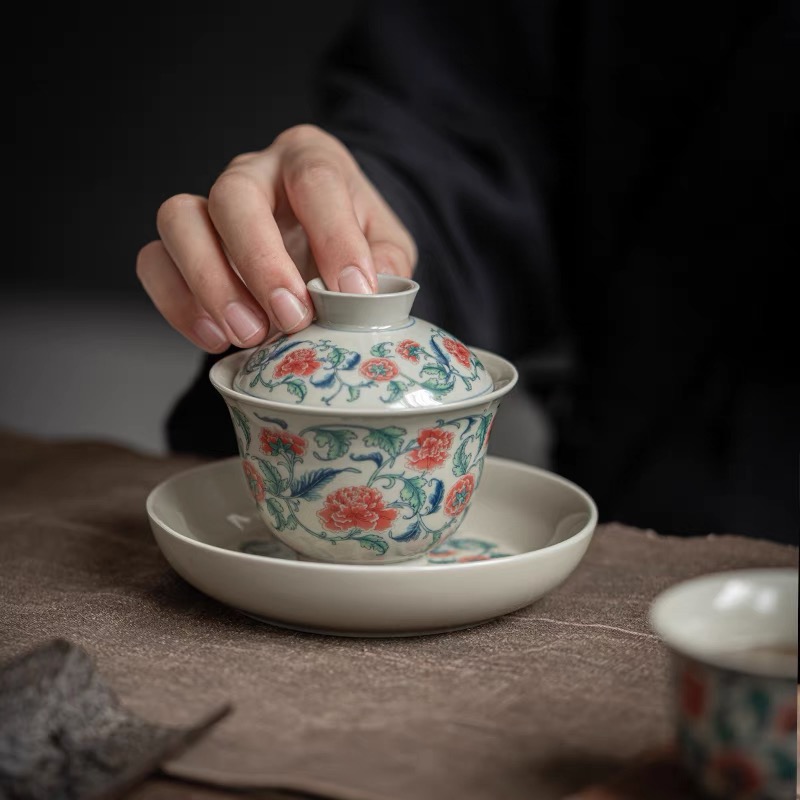 复古青花盖碗三件套茶杯陶瓷茶具套装景德镇三才盖碗茶盏泡茶碗