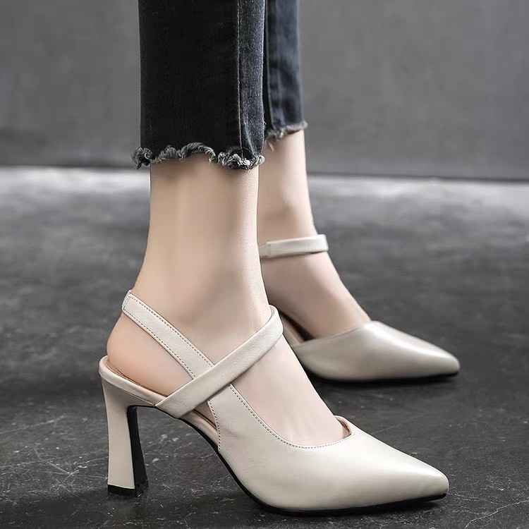 高跟时尚百搭中跟气质舒适软底软面女春夏防滑中空胶粘后空凉鞋 