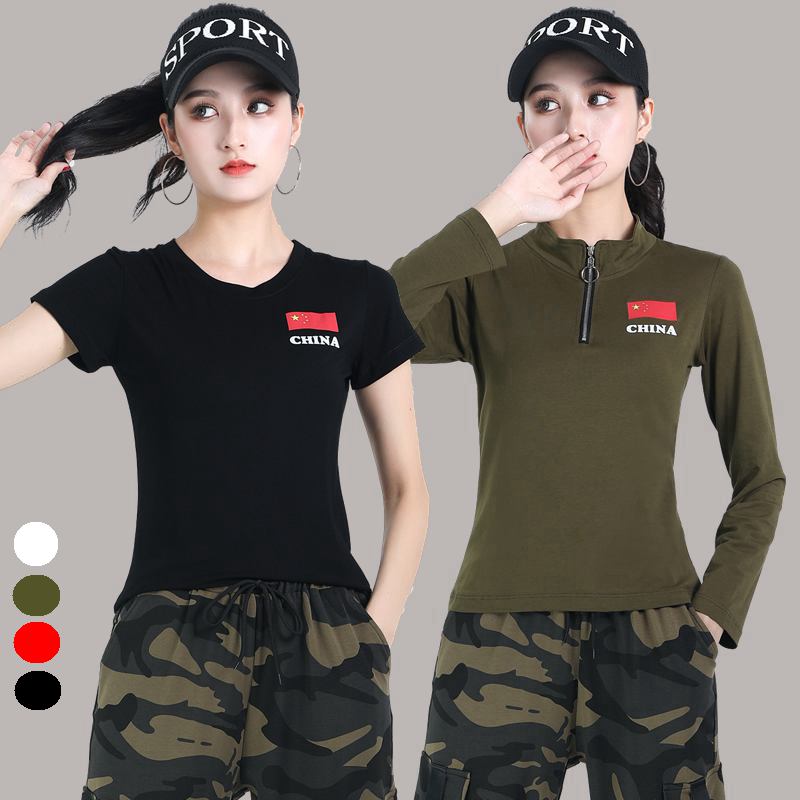 春夏广场舞新款短袖上衣女国旗水兵舞舞蹈服装运动健身跳舞衣T恤