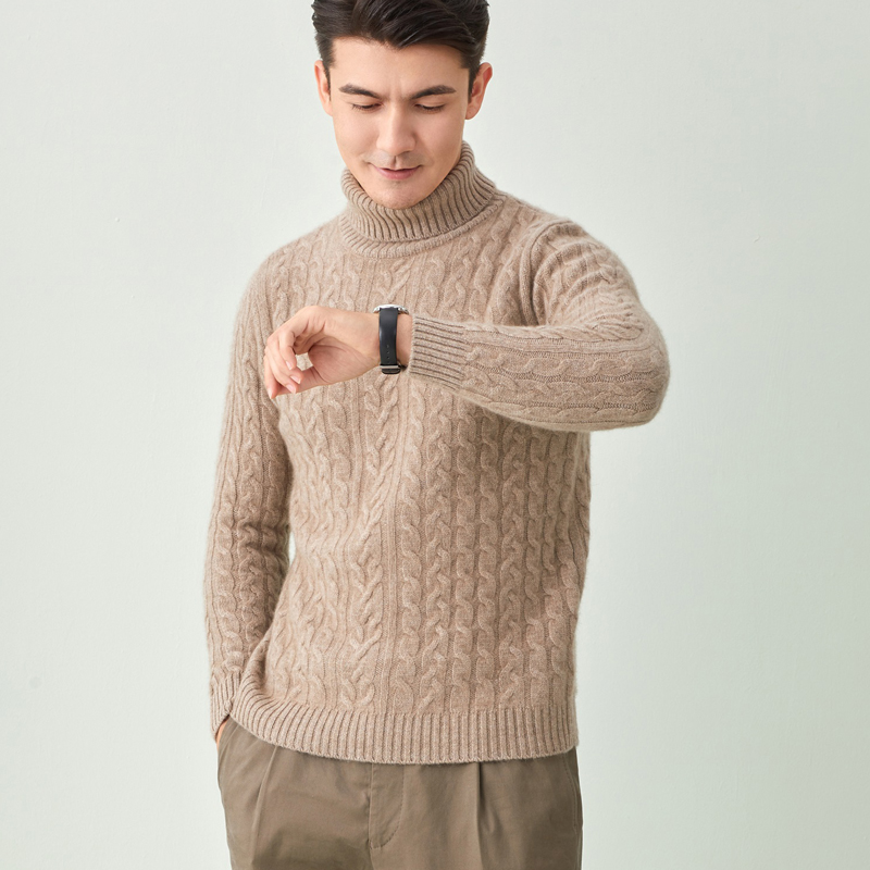 小张总推荐！100山羊绒男士加厚重工绞花高翻羊绒衫