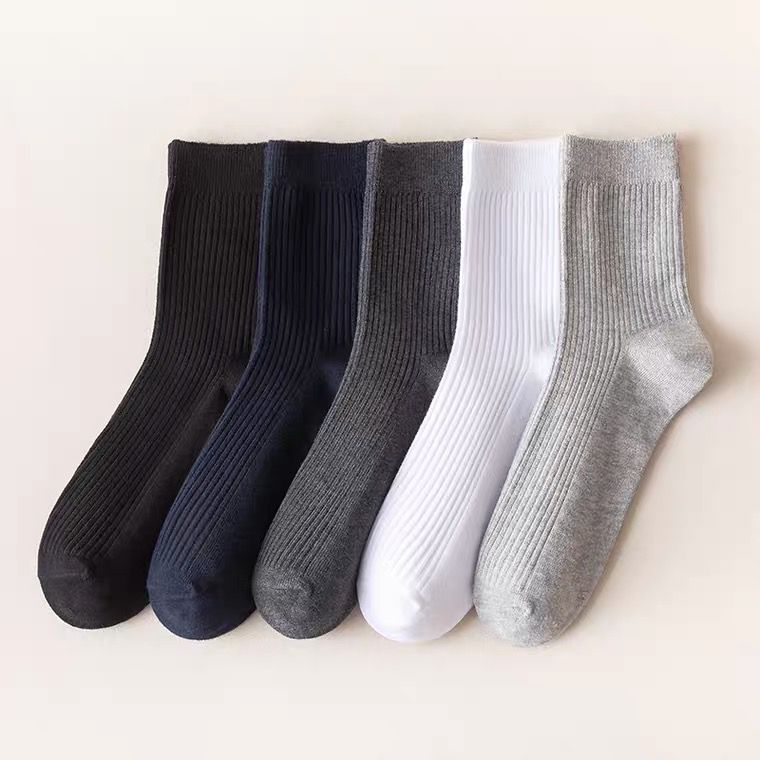 【5双装】袜子男中筒纯色棉袜吸汗透气防臭脚商务双针棉袜