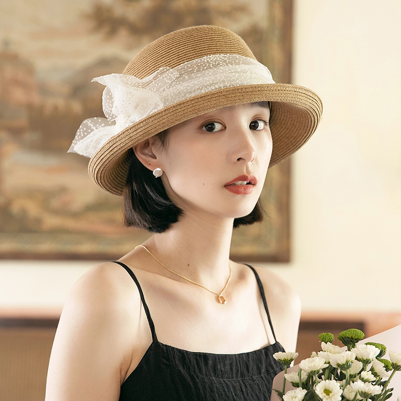 新款草帽女夏季蕾丝遮阳帽女式防晒帽日系百搭遮脸卷边草编帽子潮