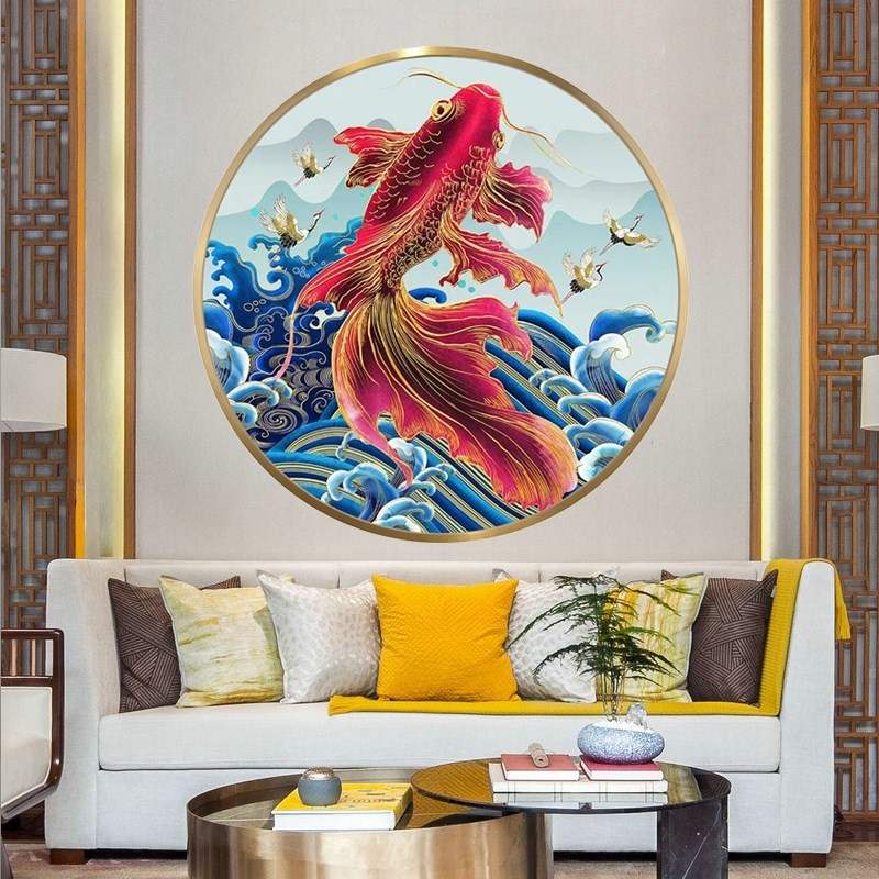 爱阁十字绣 锦鲤 圆形小件中式吉祥 客厅卧室玄关手工线绣简单 