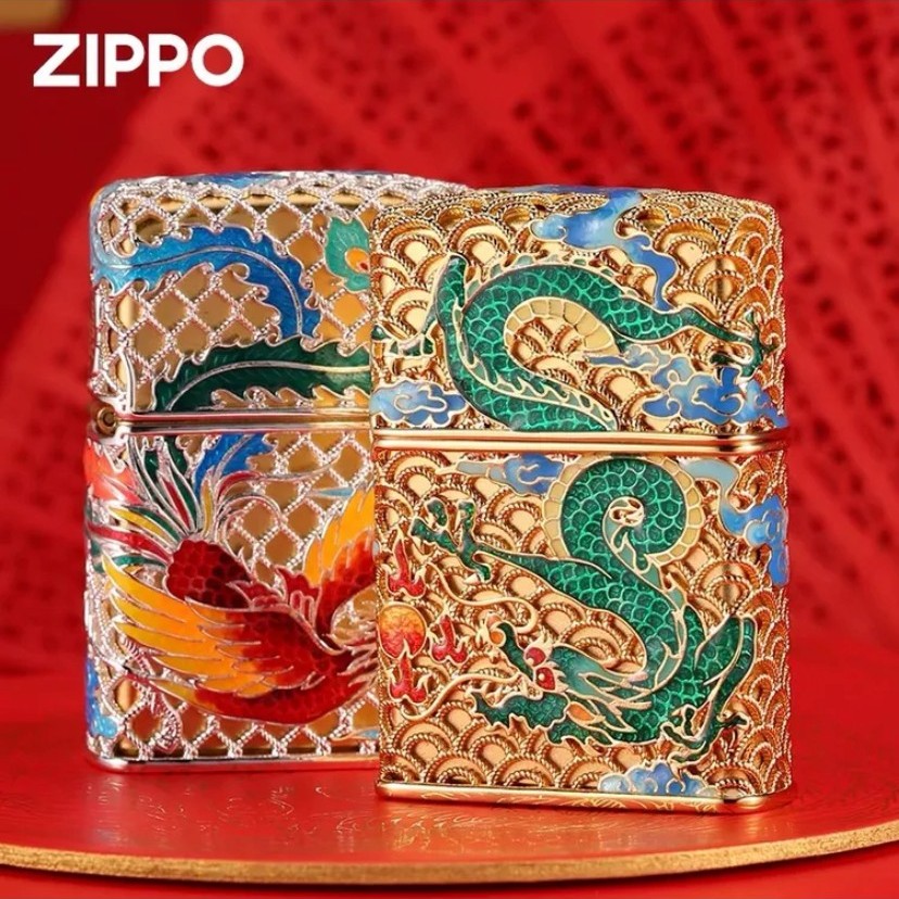 ZIPPO/之宝【龙凤呈祥对机】花丝珐琅彩镀金镀银礼盒打火机DYX2H2M2