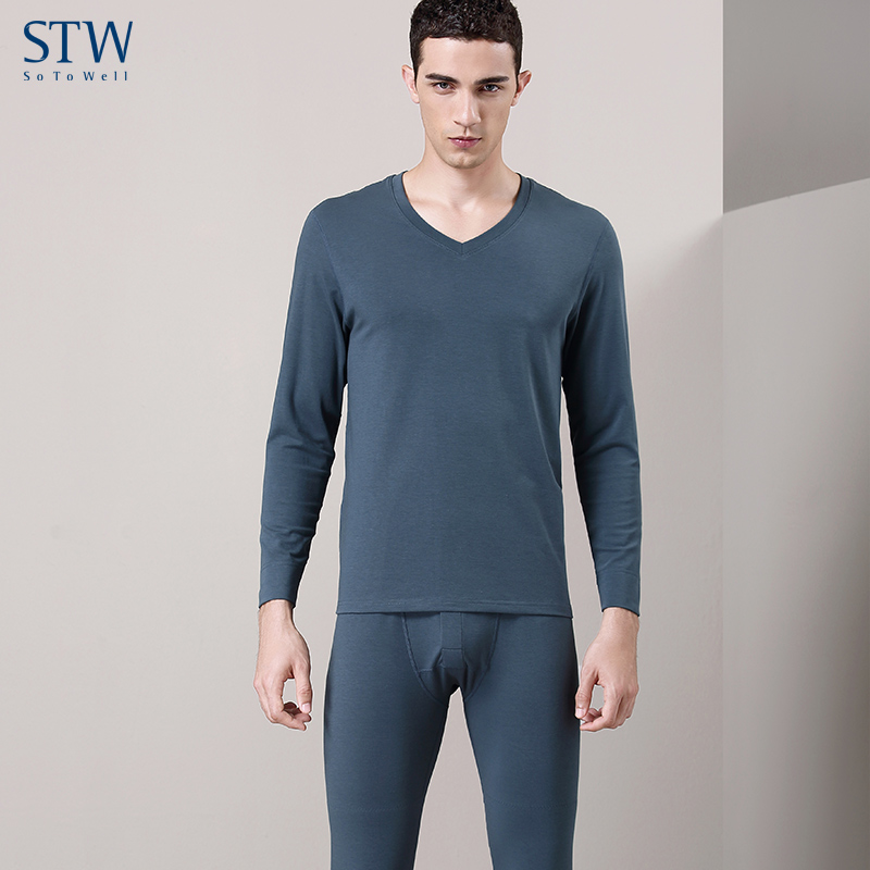 STW.SOTOWELL男保暖内衣秋衣V领加厚冬毛衫青年莫代尔棉打底上衣