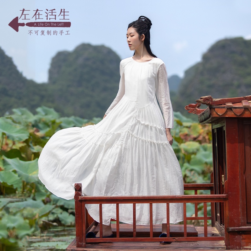 生活在左婴儿棉系列圆领宽松显瘦长袖连衣裙气质长裙1911006白色