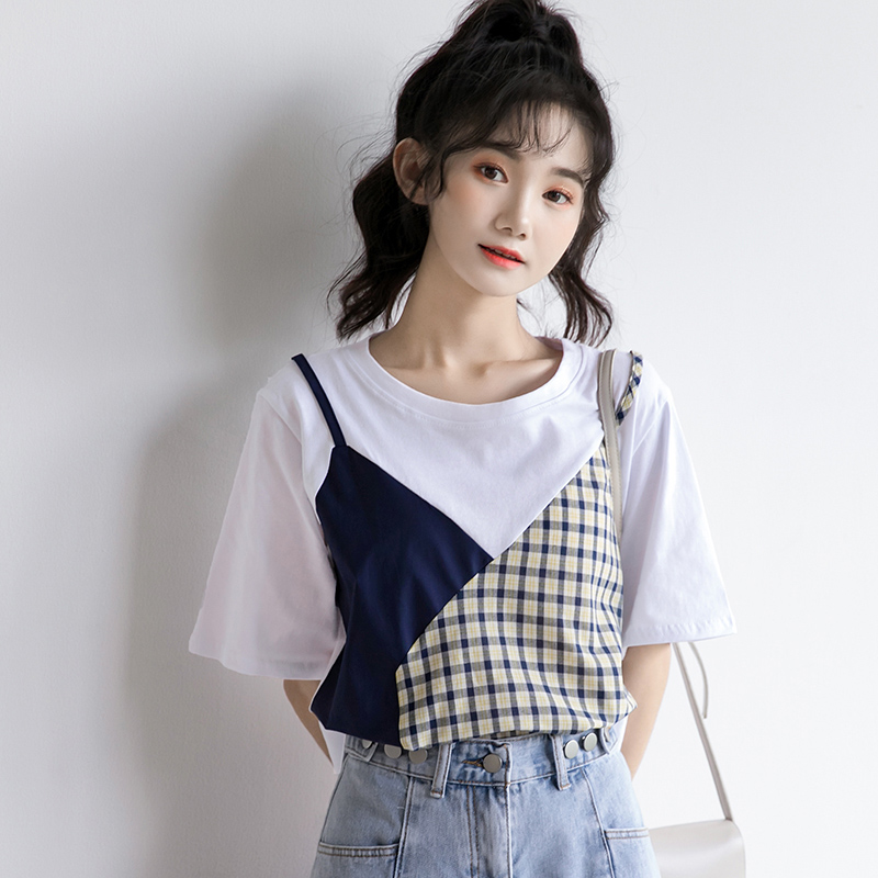 2021新款外出哺乳衣拼色格子假吊带辣妈款短袖喂奶t恤夏上衣