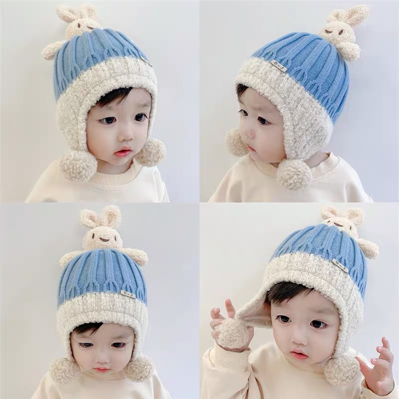 可爱宝宝秋冬季毛线帽婴幼儿可爱小兔套头帽男女童护耳帽6月-4岁