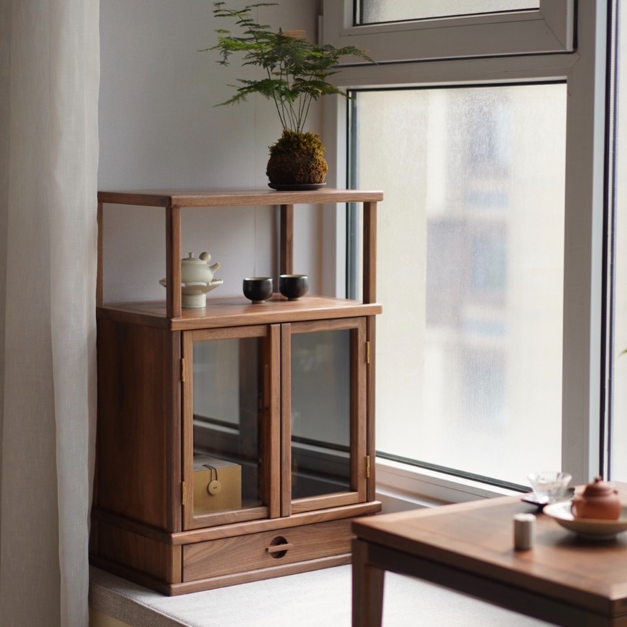 新中式黑胡桃木飘窗阳台茶事柜瓷器柜席地榻榻米储物柜收纳展示柜