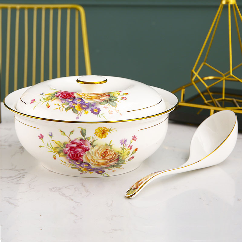 9英寸带盖汤碗汤勺家用餐具碗勺陶瓷碗大面碗汤盆汤盘大汤碗大勺