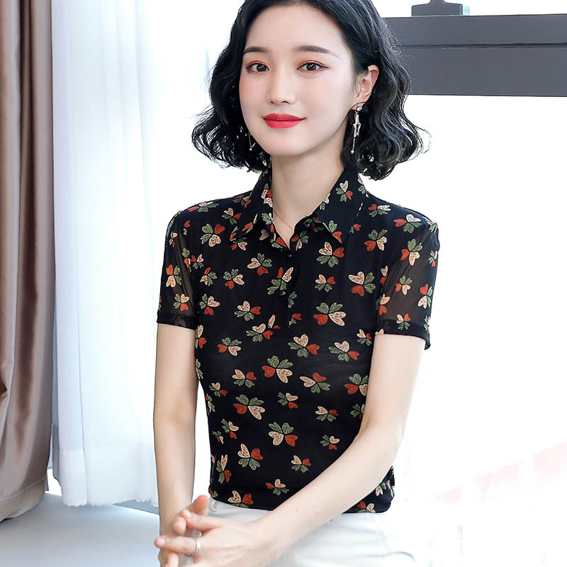 方领网纱上衣女夏2025新款碎花短袖百搭时尚气质遮肚洋气小衫t恤