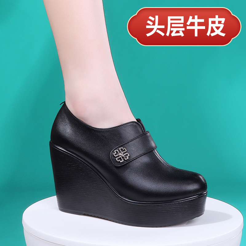 软头层牛皮高坡跟休闲牛皮单鞋圆头防水台舒适真皮防滑深口皮鞋