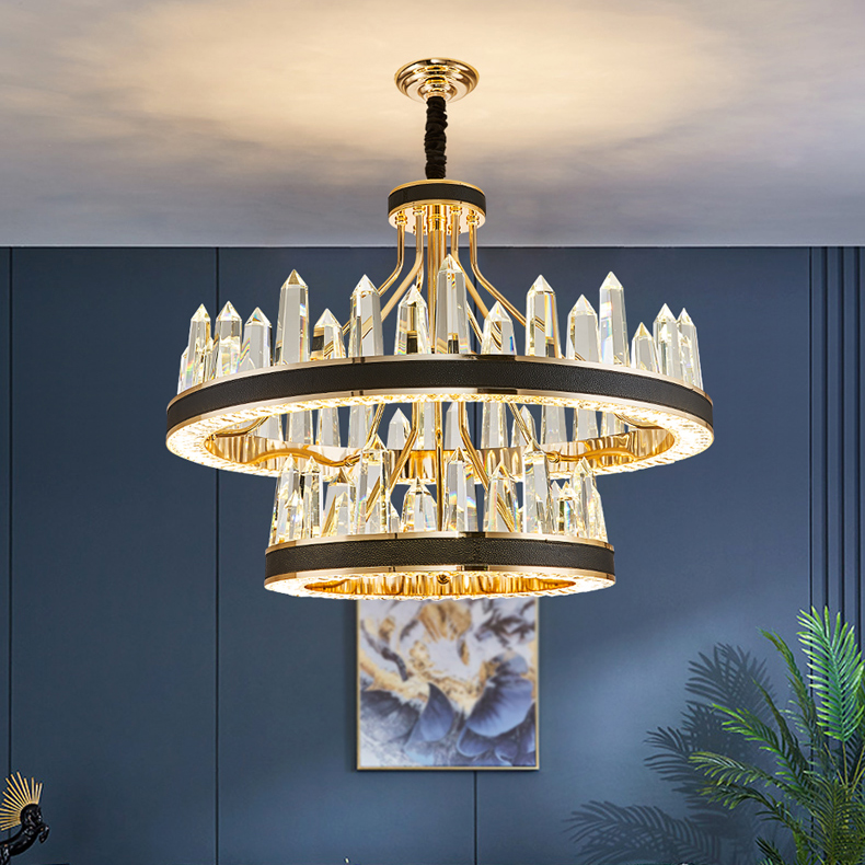 别墅大气水晶吊灯客厅餐厅卧室后现代黑色皮革圆形轻奢欧式灯家用