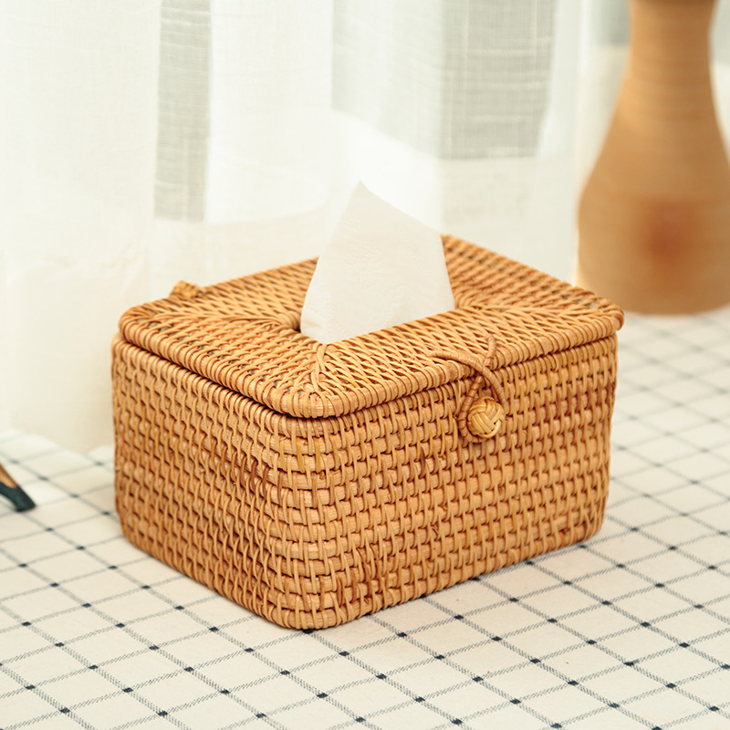 越南藤编手工直角纸巾盒16cm