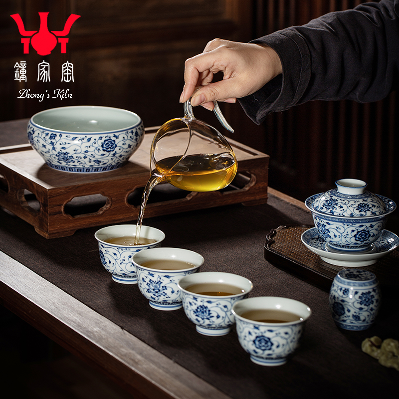 钟家窑三才盖碗茶杯家用套装 泡茶碗景德镇柴窑青花缠枝花纹茶具