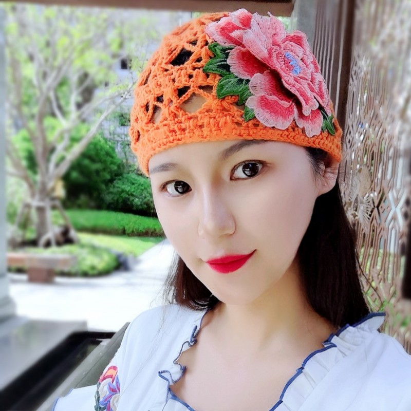 民族风立体花朵镂空刺绣冬季帽子国风女士绣花保暖秋冬针织包头帽