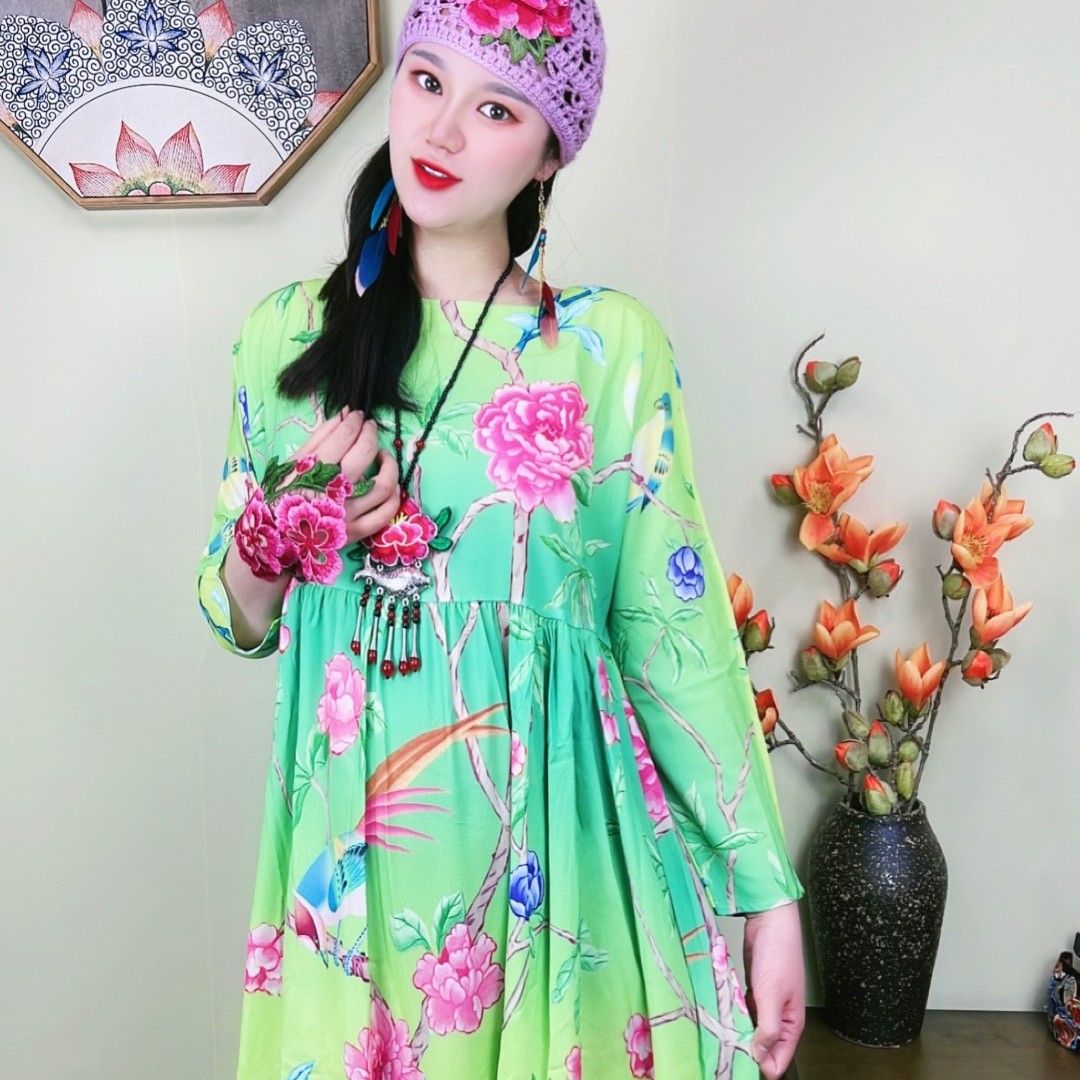 原创民族风印花碎花夏季中式休闲长袖连衣裙长裙国风复古