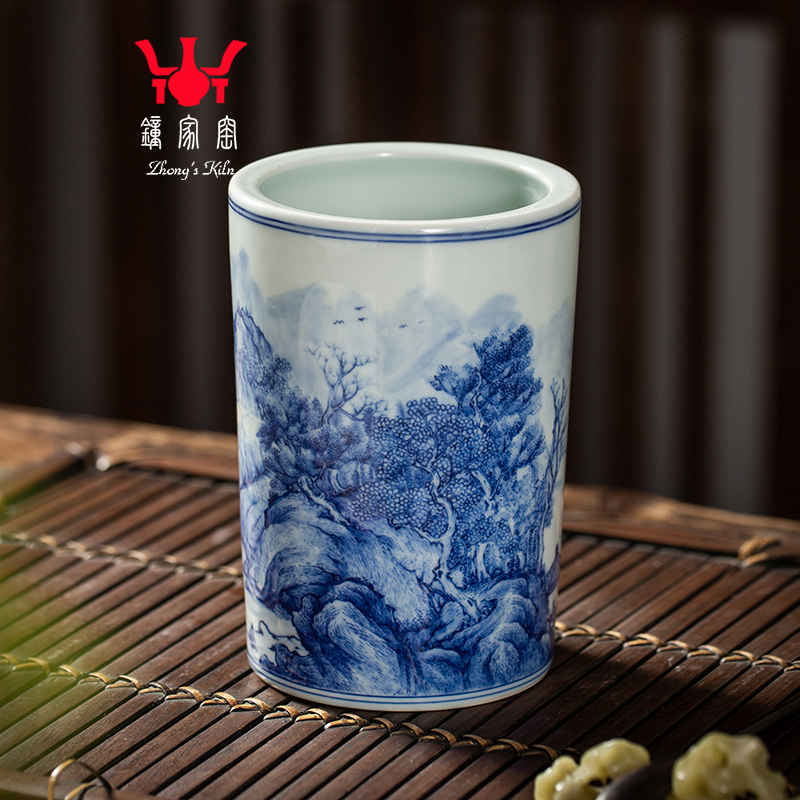 钟家窑陶瓷笔筒景德镇柴窑青花手绘山水中式毛笔笔筒办公桌面摆件