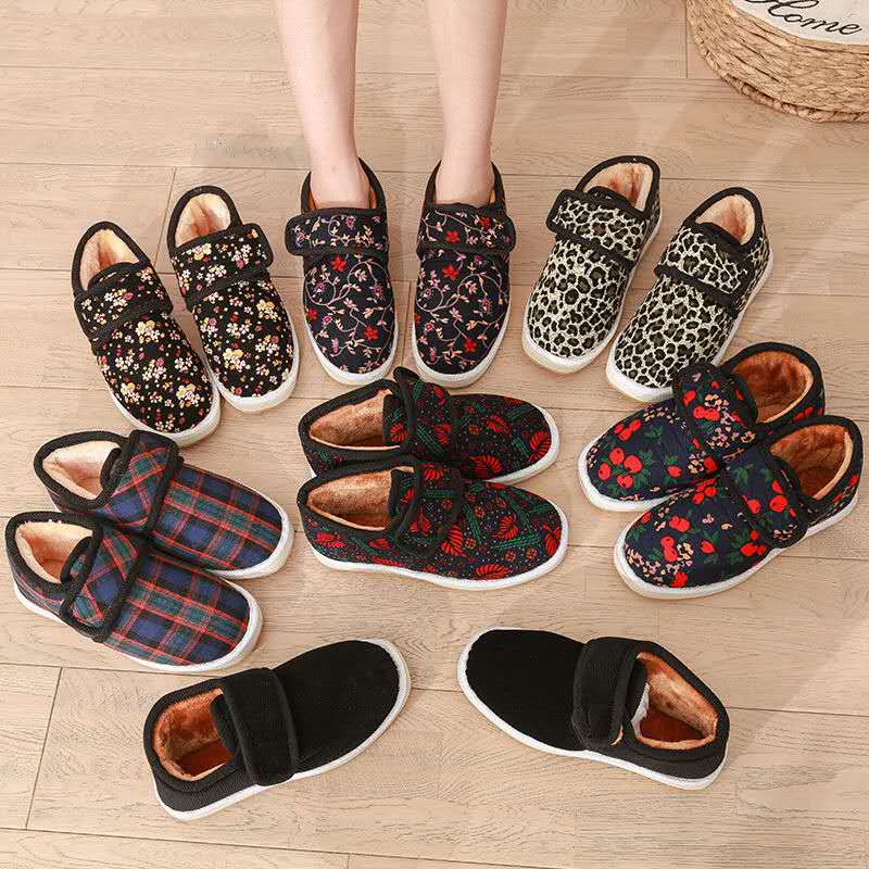 冬季纯手工轻便棉鞋男女中老年加绒加厚防滑牛筋底碎花保暖布棉鞋