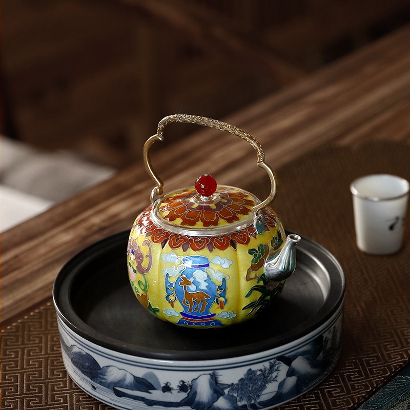 王府银庄纯银999纯手工一张打手工掐丝泡茶壶银茶器 六吉祥