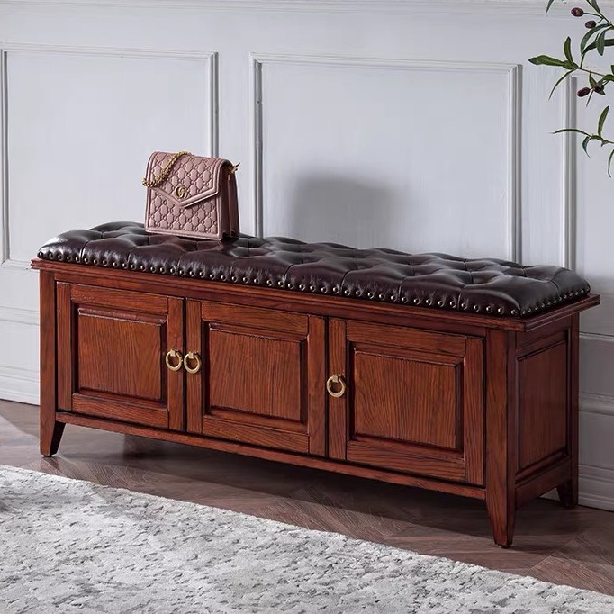 橡木换鞋凳二层真皮穿鞋凳新中式新中式高档鞋架家用门口网红款