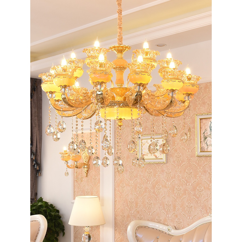 欧式客厅吊灯2022年新款奢华大气复式楼别墅餐厅天然玉石水晶灯具