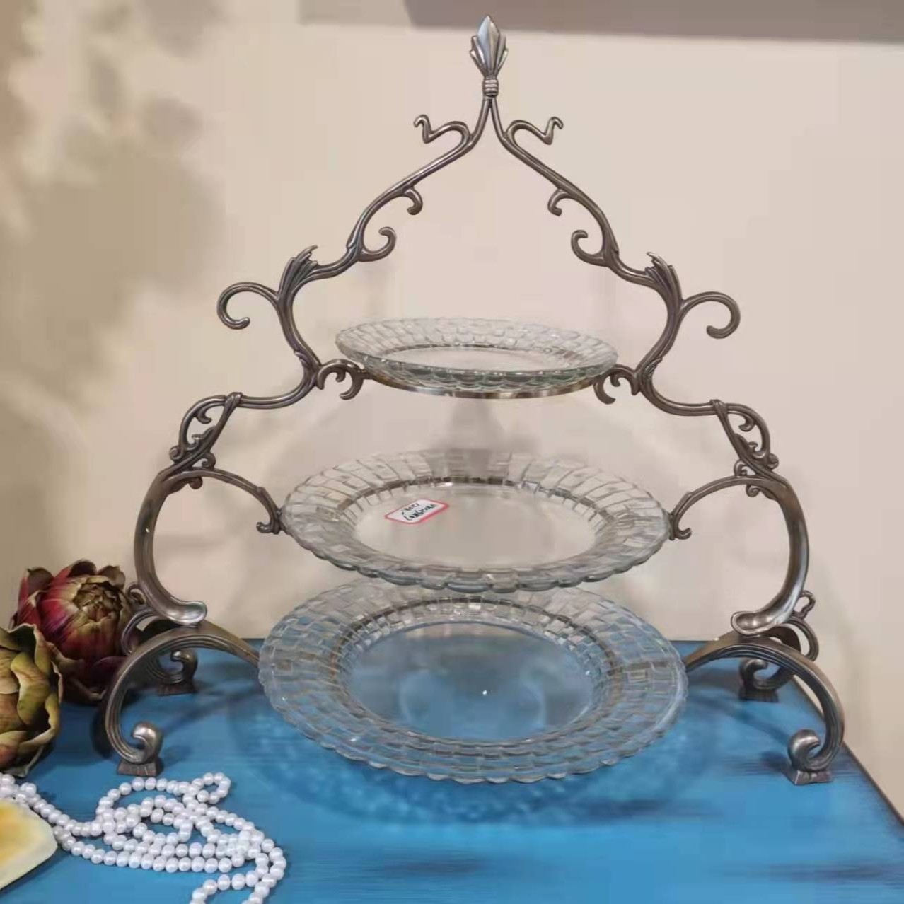 进口铜配玻璃多层果盘