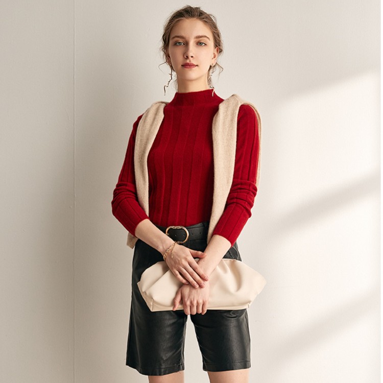 SARA PHILLIPS 百搭女士时尚圆宽抽条领套头山羊绒打底衫