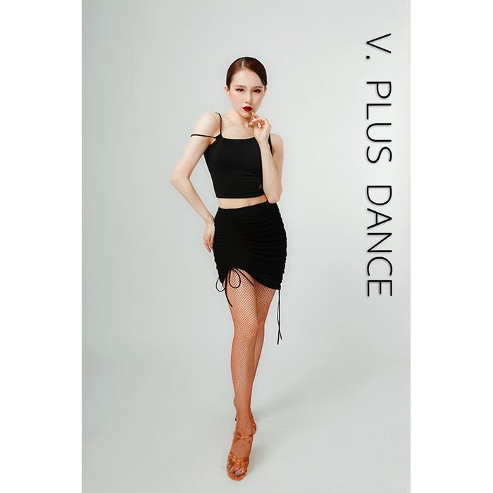 V.PLUS高雪黑色夏季欧美拉丁舞蹈服练习服双抽绳网纱半裙半身裙